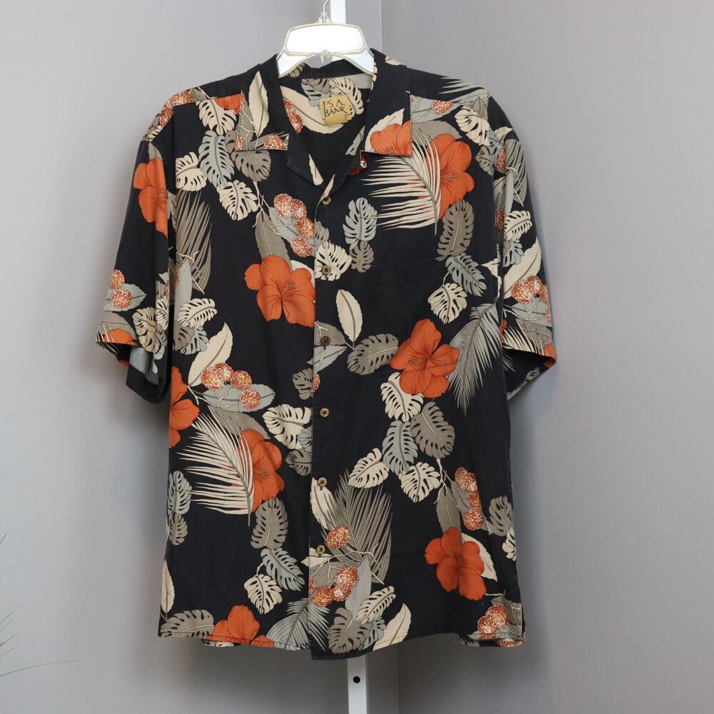 Jos. A. Bank 100% Silk Hawaiian‎ Shirt | Black Floral Aloha Camp Shirt | Size L